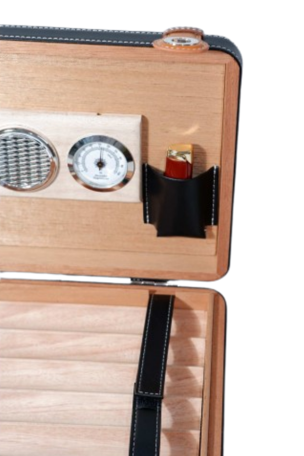 TR9066,PQ Çakmak Kesicili XXL Siyah Deri Puro Taşıma Çantası & Seyahat Humidoru