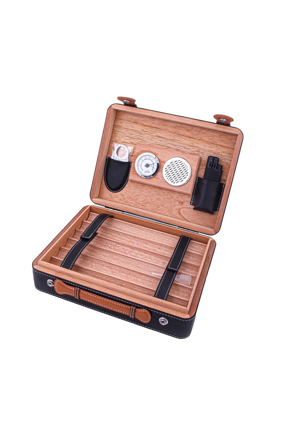 TR5075,PQ Siyah Deri Seyahat Çantası Humidor