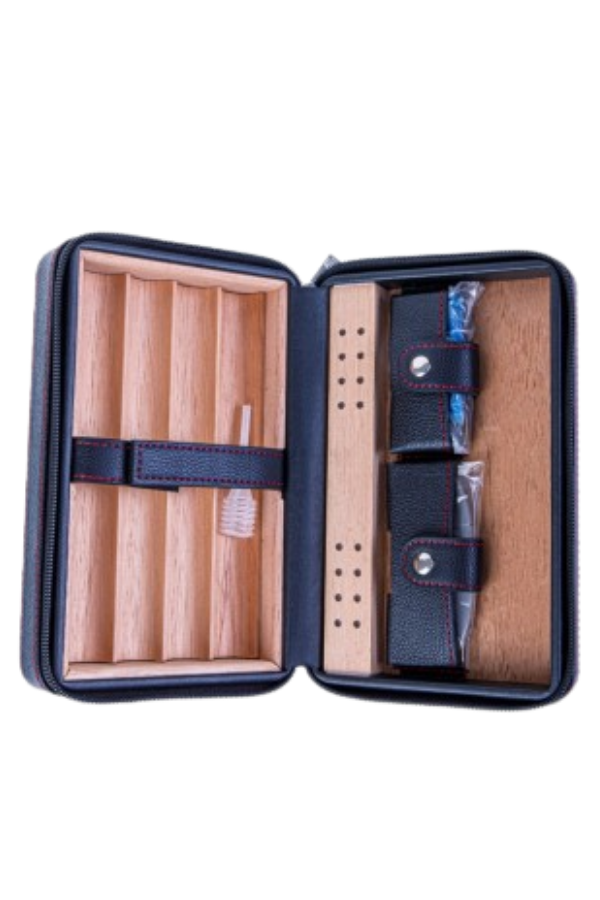 TR9064,PQ Çakmak Kesicili XL Siyah Kırmızı Dikişli Deri Puro Taşıma Çantası & Seyahat Humidoru