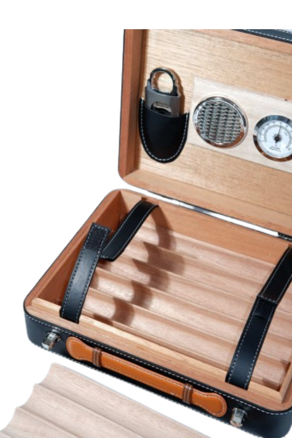 TR9066,PQ Çakmak Kesicili XXL Siyah Deri Puro Taşıma Çantası & Seyahat Humidoru