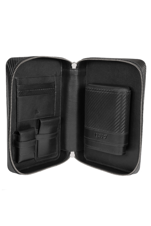 TRM4016,Zippo Siyah Karbon Desenli Dahili Kılıflı Deri Puro Taşıma Çantası & Seyahat Humidoru
