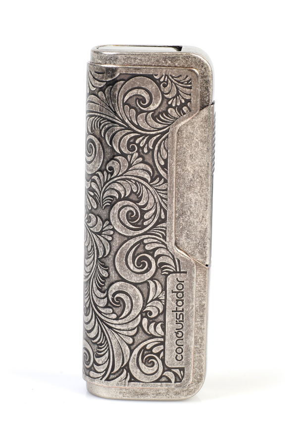 CNQ-027,Conquistador Tek Torch Pürmüz Gümüş İşlemeli Metal Puro Çakmağı
