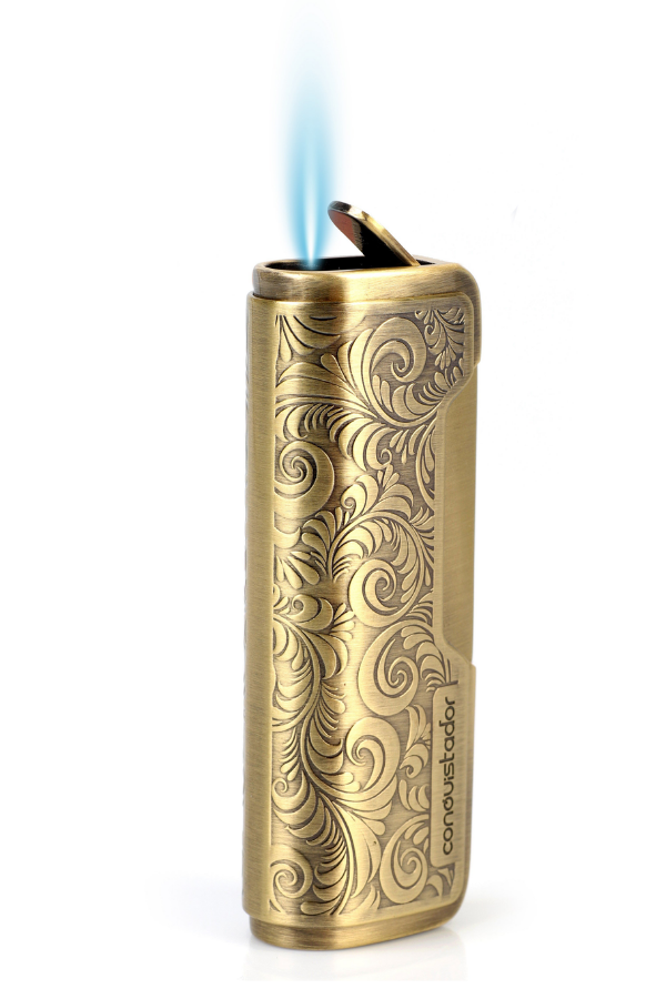 CNQ-031,Conquistador Tek Torch Pürmüz Gold İşlemeli Metal Puro Çakmağı