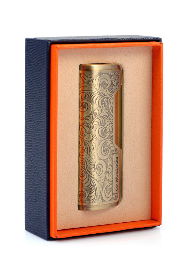 CNQ-031,Conquistador Tek Torch Pürmüz Gold İşlemeli Metal Puro Çakmağı