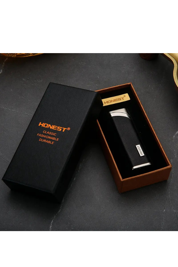 TR8665,Honest Tek Torch Pürmüz Deri İşlemeli Siyah Puro Çakmağı