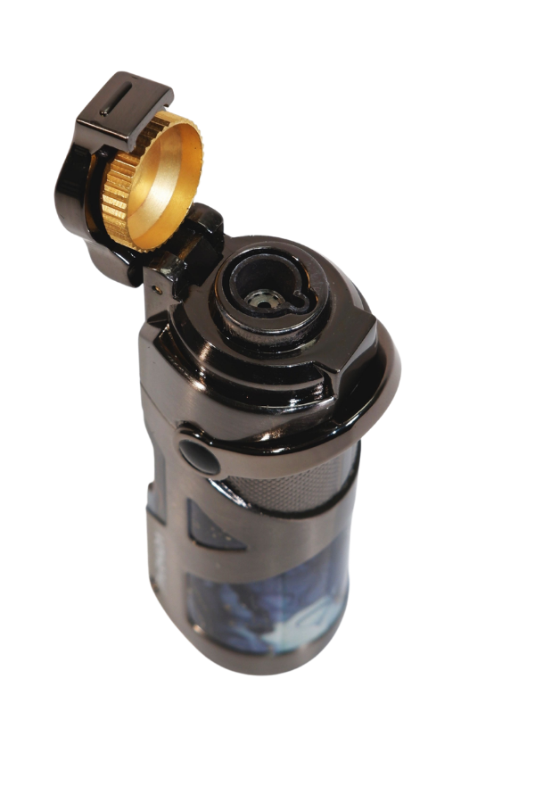 TR9221,Parmida Tek Torch Pürmüz Gunmetal-Mavi Desenli Metal Puro Çakmağı