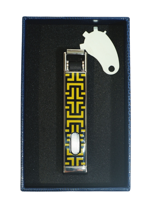 TR9224,Parmida Tek Torch Pürmüz Siyah-Sarı Desenli Metal Puro Çakmağı