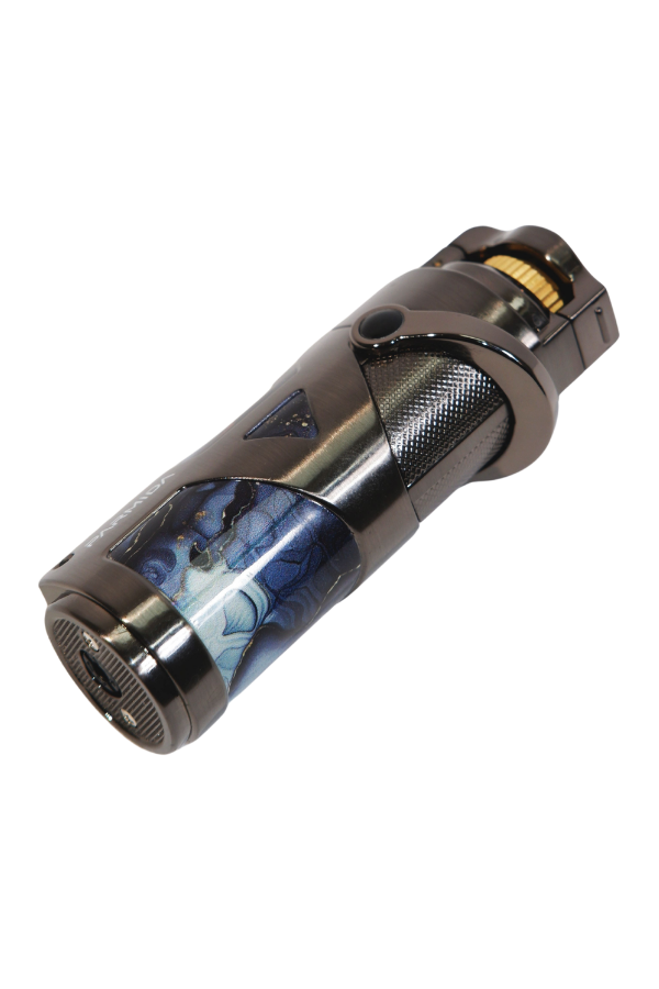 TR9221,Parmida Tek Torch Pürmüz Gunmetal-Mavi Desenli Metal Puro Çakmağı