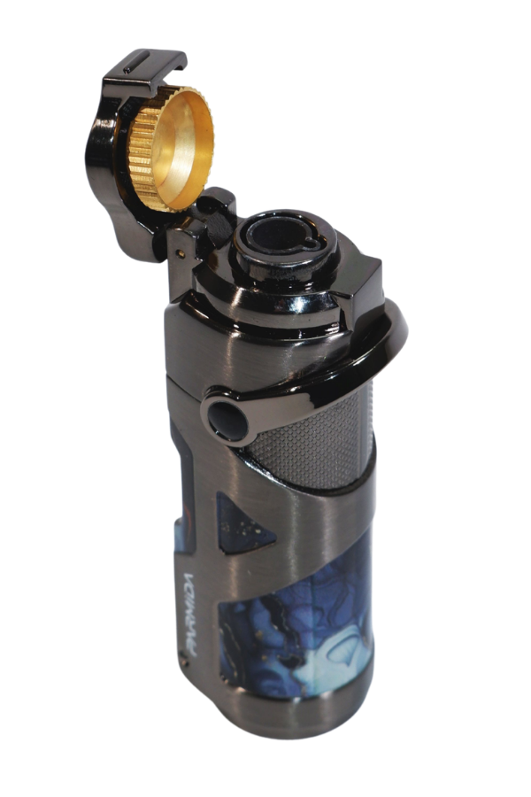 TR9221,Parmida Tek Torch Pürmüz Gunmetal-Mavi Desenli Metal Puro Çakmağı