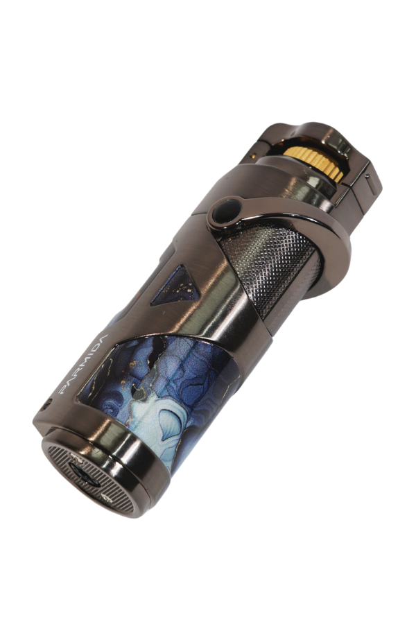 TR9221,Parmida Tek Torch Pürmüz Gunmetal-Mavi Desenli Metal Puro Çakmağı