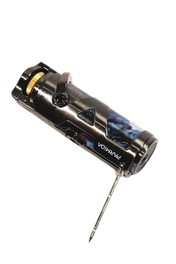 TR9221,Parmida Tek Torch Pürmüz Gunmetal-Mavi Desenli Metal Puro Çakmağı