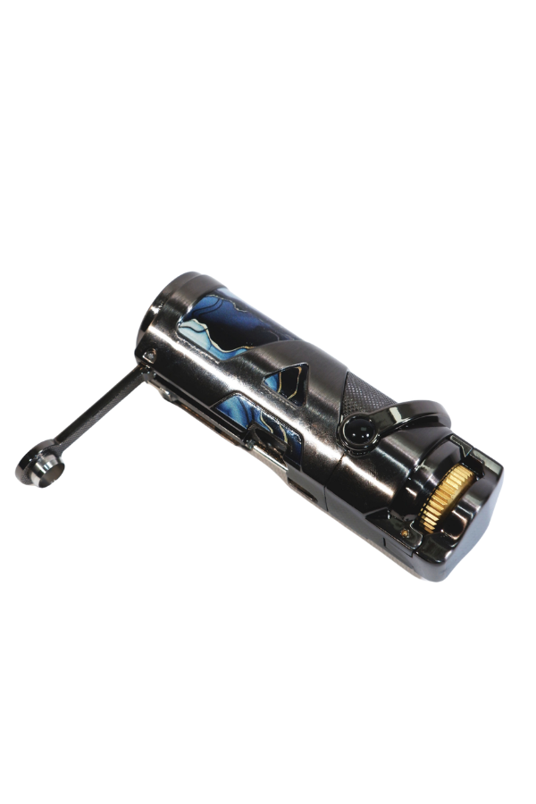 TR9221,Parmida Tek Torch Pürmüz Gunmetal-Mavi Desenli Metal Puro Çakmağı