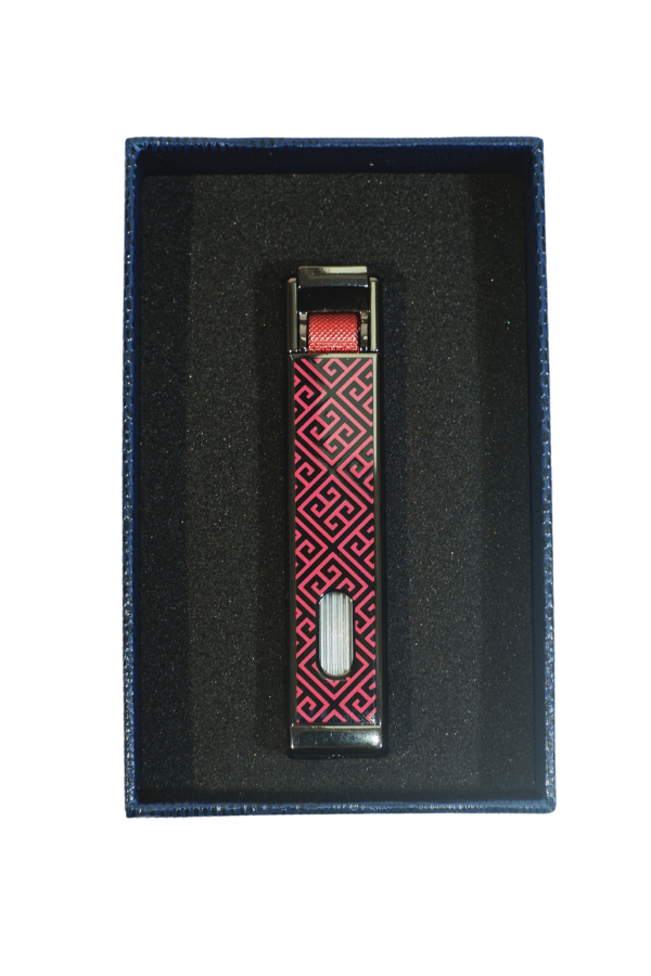 TR9222,Parmida Tek Torch Pürmüz Gunmetal-Kırmızı Desenli Metal Puro Çakmağı