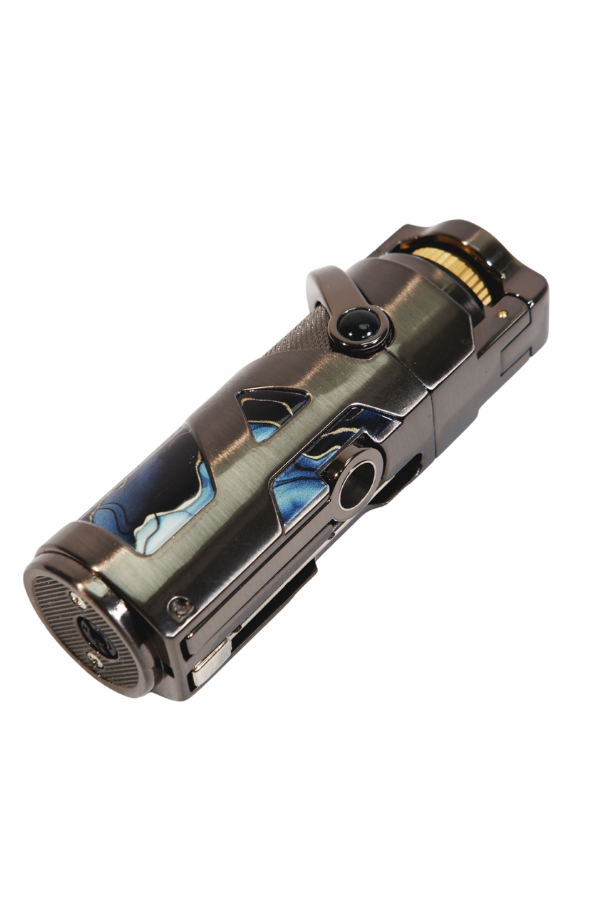 TR9221,Parmida Tek Torch Pürmüz Gunmetal-Mavi Desenli Metal Puro Çakmağı