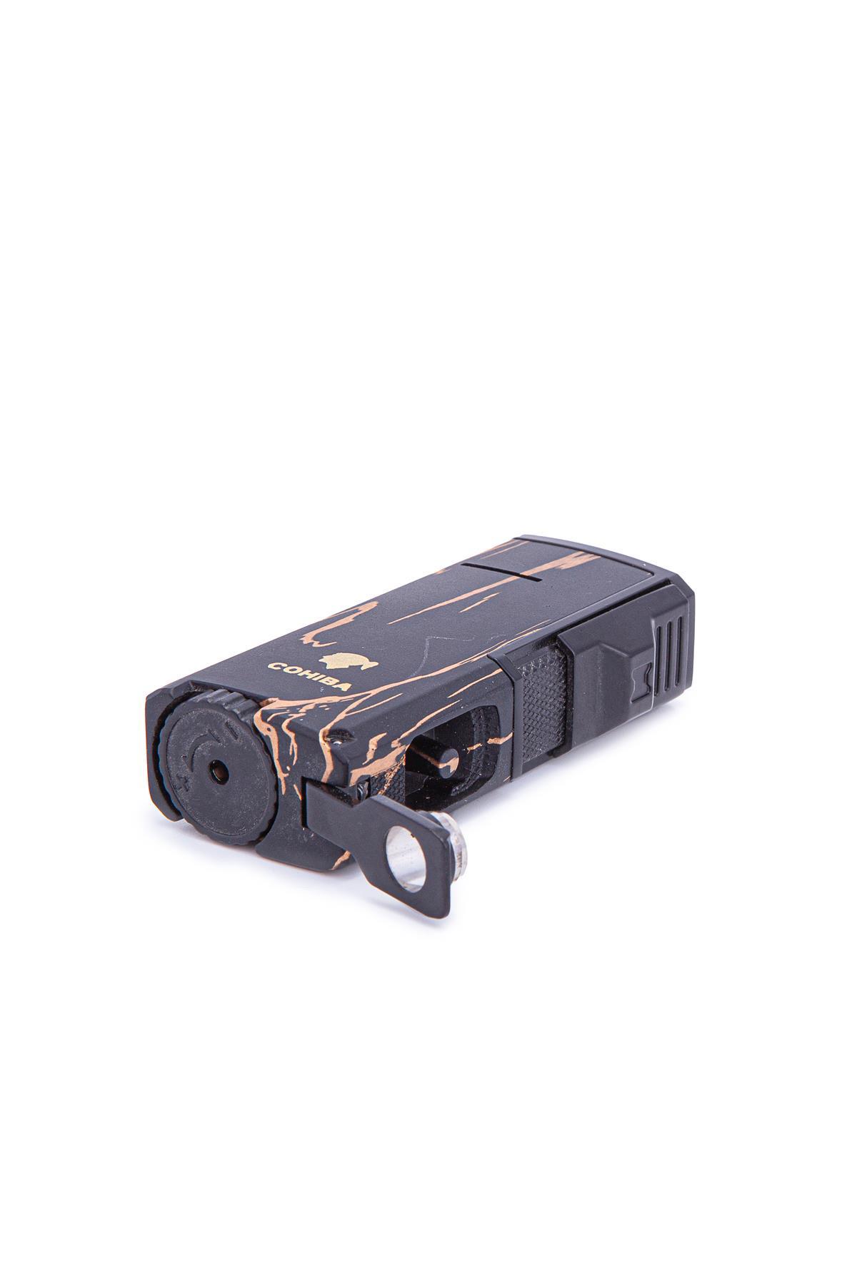 TR7236,Cohiba 3 Torch Pürmüz Siyah Sarı Desenli Metal Puro Çakmağı