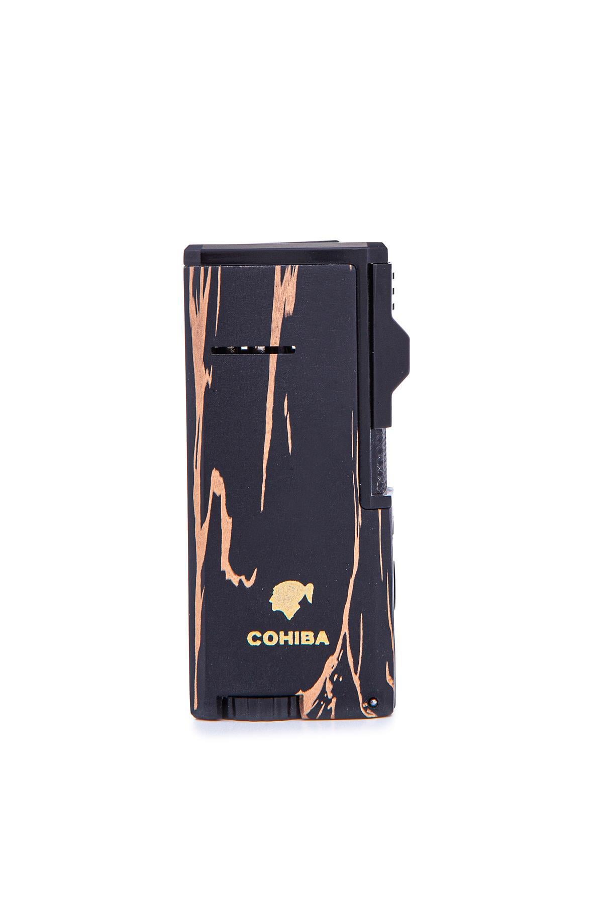 TR7236,Cohiba 3 Torch Pürmüz Siyah Sarı Desenli Metal Puro Çakmağı