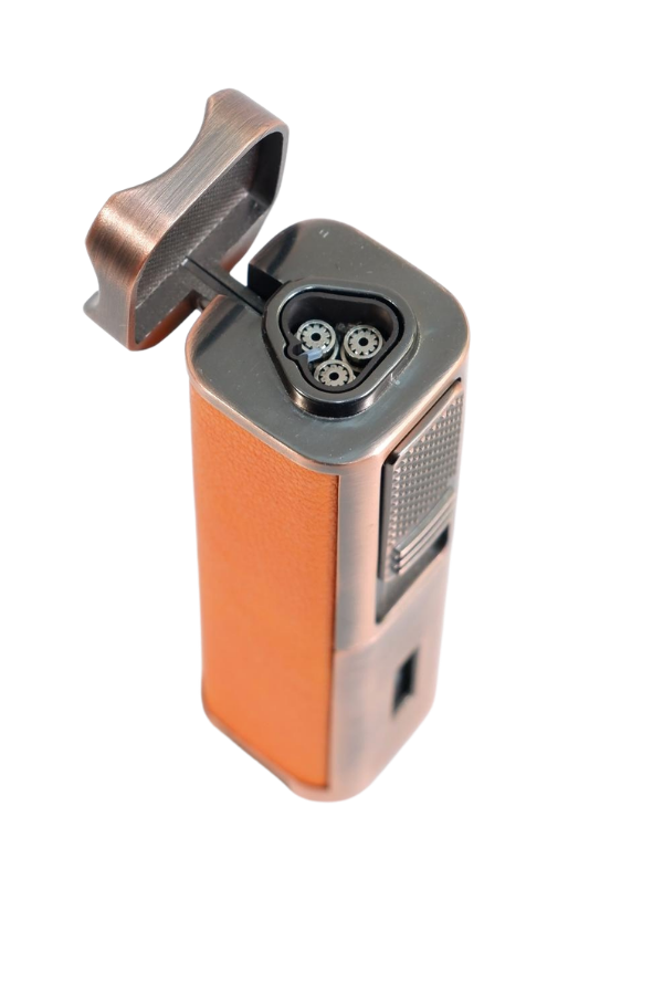 TR9491,Parmida 3 Torch Pürmüz Sehpalı Gövdesi Turuncu Deri Bronz Metal Puro Çakmağı