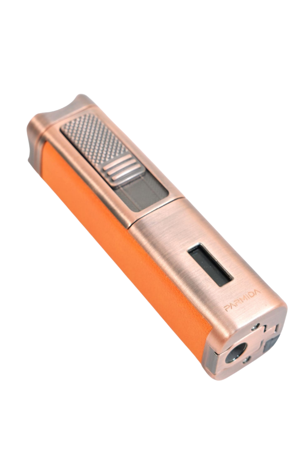 TR9491,Parmida 3 Torch Pürmüz Sehpalı Gövdesi Turuncu Deri Bronz Metal Puro Çakmağı