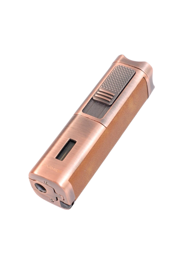 TR9530,Parmida 3 Torch Pürmüz Sehpalı Gövdesi Deri Bronz Metal Puro Çakmağı