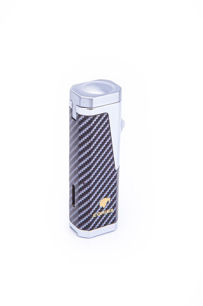 TR7338,Parmida 3 Torch Pürmüz Karbon Desenli Gümüş Metal Puro Çakmağı