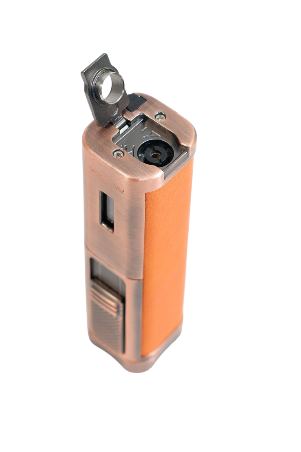 TR9491,Parmida 3 Torch Pürmüz Sehpalı Gövdesi Turuncu Deri Bronz Metal Puro Çakmağı