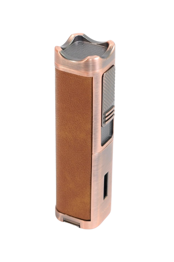 TR9530,Parmida 3 Torch Pürmüz Sehpalı Gövdesi Deri Bronz Metal Puro Çakmağı