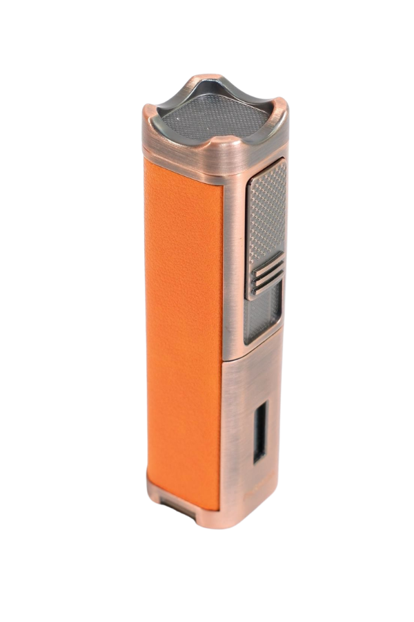 TR9491,Parmida 3 Torch Pürmüz Sehpalı Gövdesi Turuncu Deri Bronz Metal Puro Çakmağı