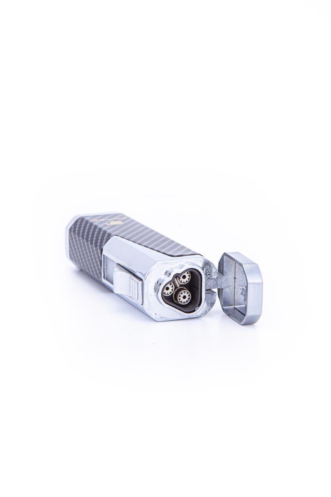 TR7338,Parmida 3 Torch Pürmüz Karbon Desenli Gümüş Metal Puro Çakmağı