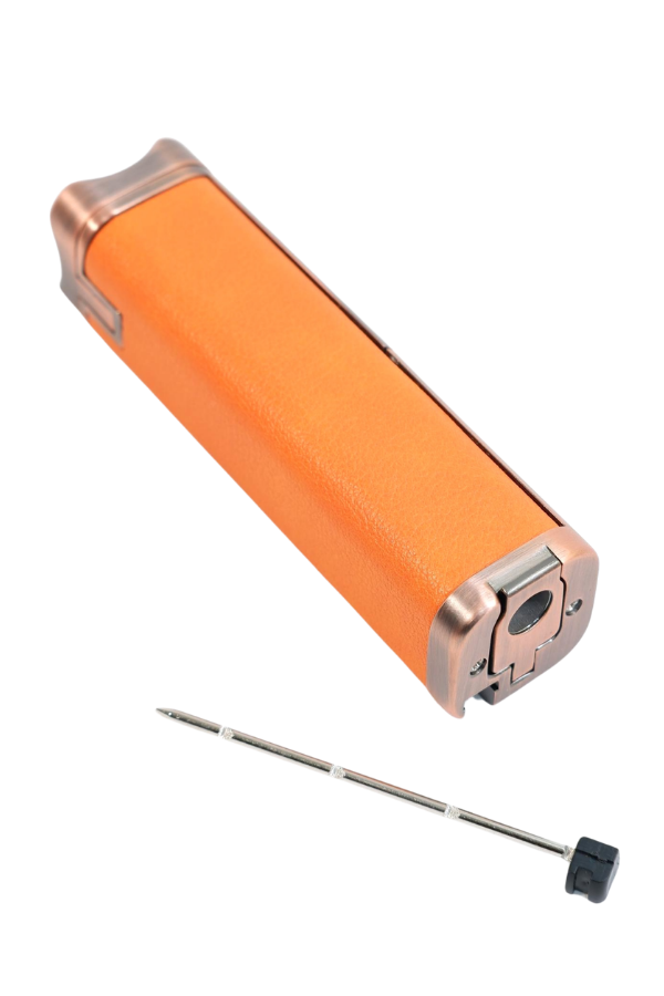 TR9491,Parmida 3 Torch Pürmüz Sehpalı Gövdesi Turuncu Deri Bronz Metal Puro Çakmağı