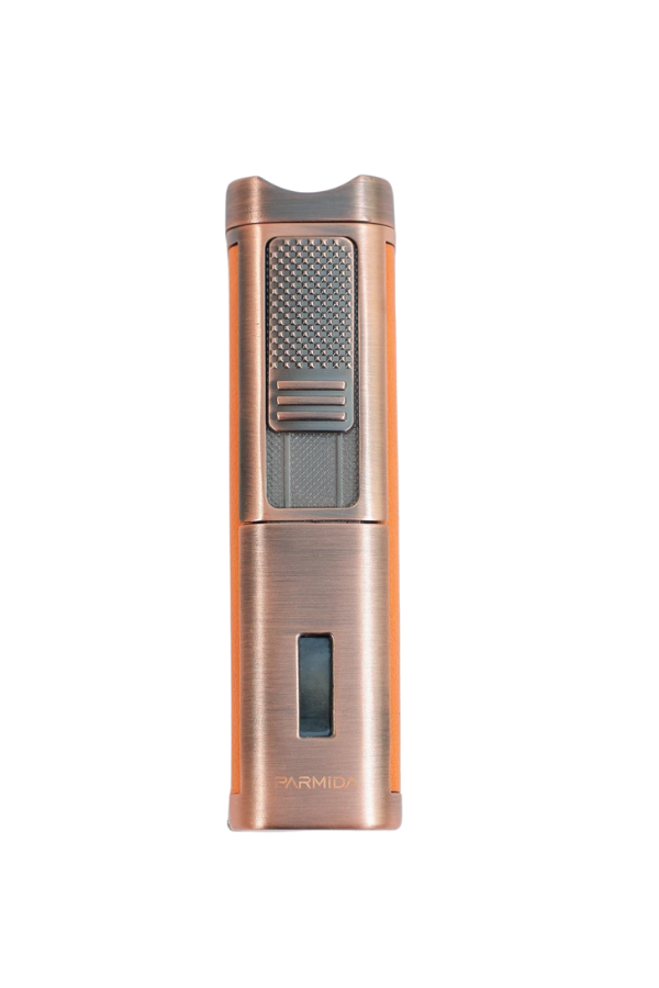 TR9491,Parmida 3 Torch Pürmüz Sehpalı Gövdesi Turuncu Deri Bronz Metal Puro Çakmağı