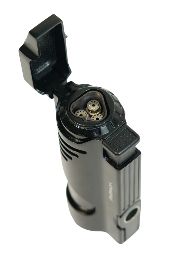 TR9517,Parmida 3 Torch Pürmüz Delicili Siyah Metal Puro Çakmağı
