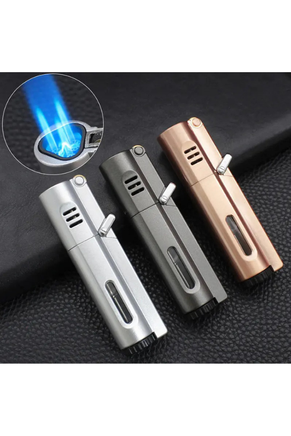 TR8586,PremiumQuality Parlak Gunmetal 3 Torch Pürmüz Metal Puro Çakmağı