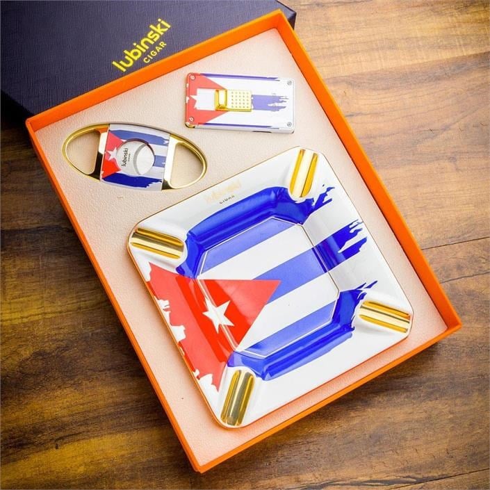 LB-731,Lubinski Yeni Seri Cuban Flag Design Üçlü Puro Seti Çakmak+Kesici+Küllük