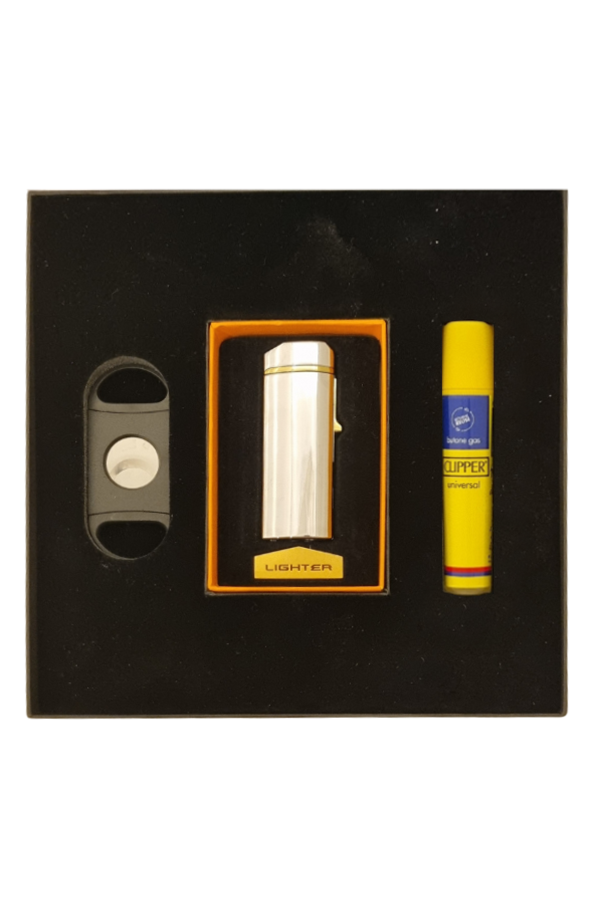 TR8077,PremiumQuality Çakmak Kesici Gaz Gümüş Üçlü Puro Seti