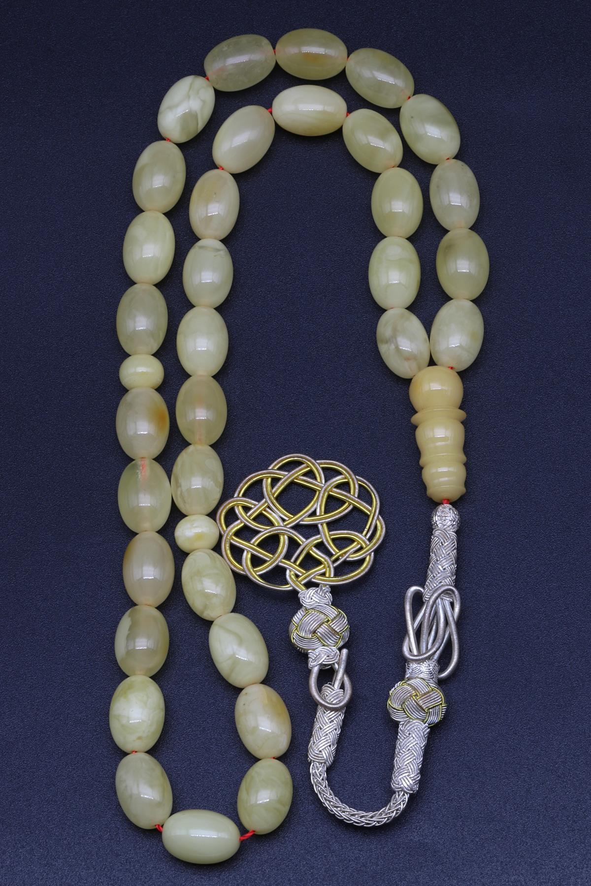 1000 Ayar Gümüş El Örmesi Kazaz Püsküllü 8 x 12 mm Kehribar Tesbih