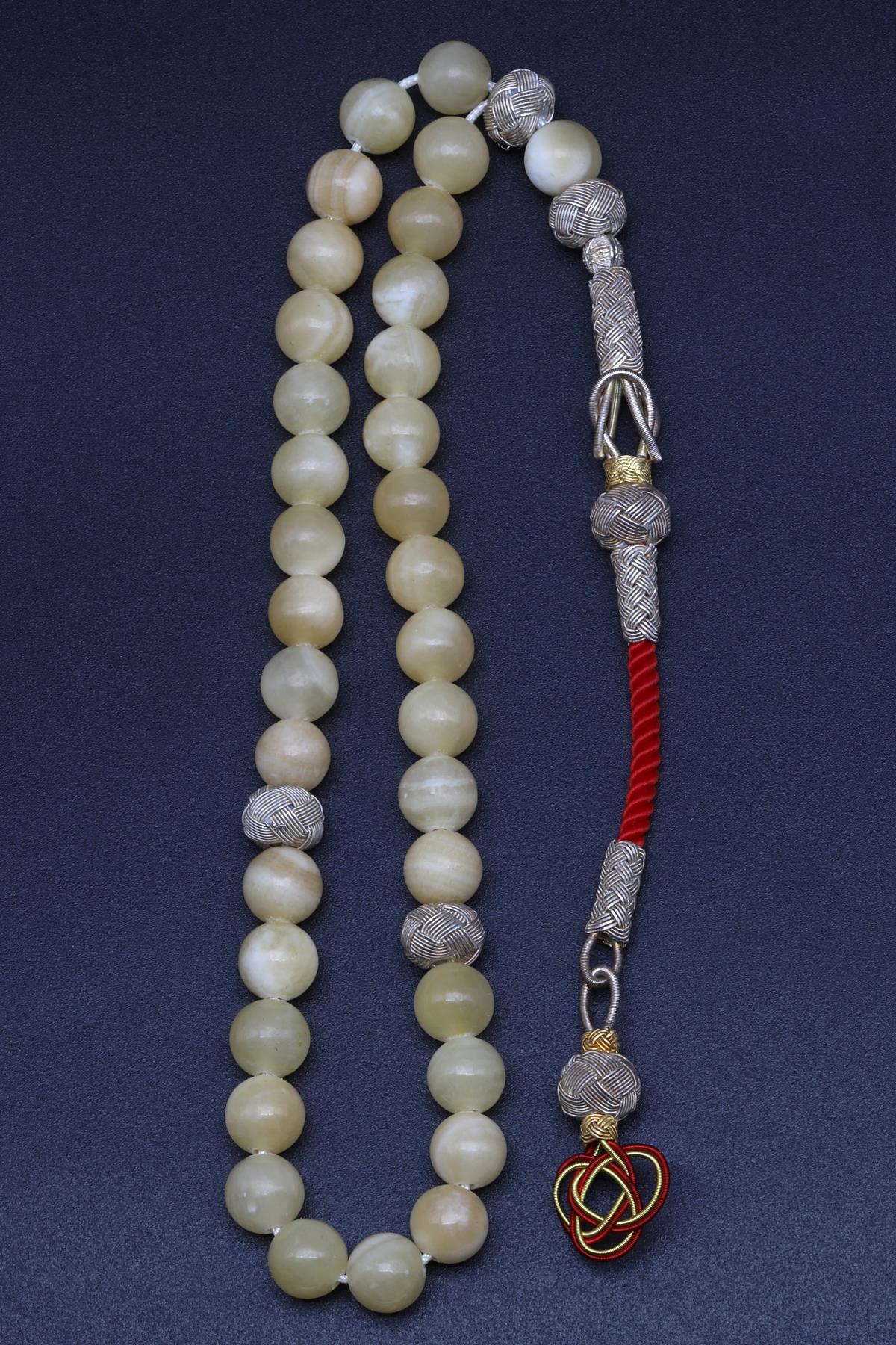 1000 Ayar Gümüş El Örmesi Kazaz Püsküllü Kalsit Doğal Taş Küre Kesim Tesbih