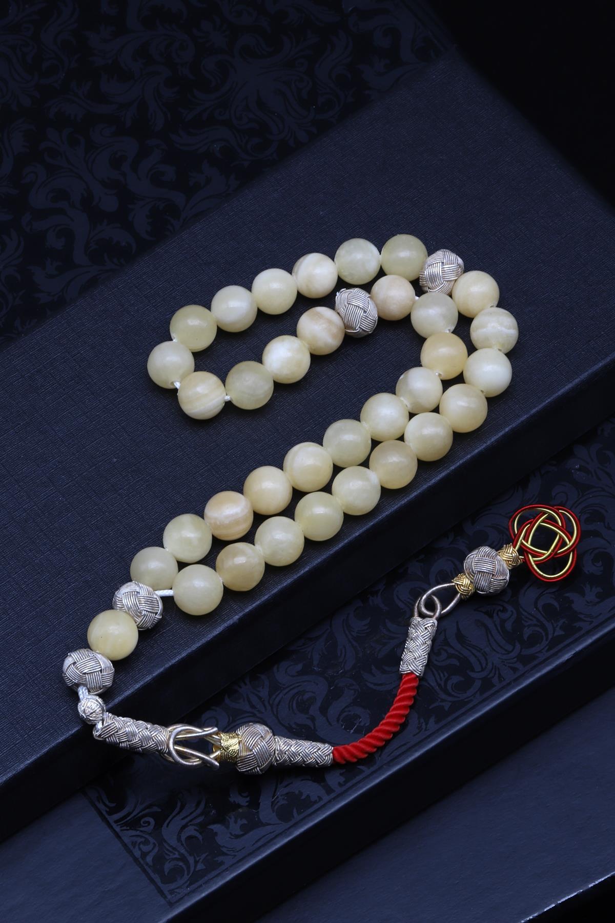 1000 Ayar Gümüş El Örmesi Kazaz Püsküllü Kalsit Doğal Taş Küre Kesim Tesbih