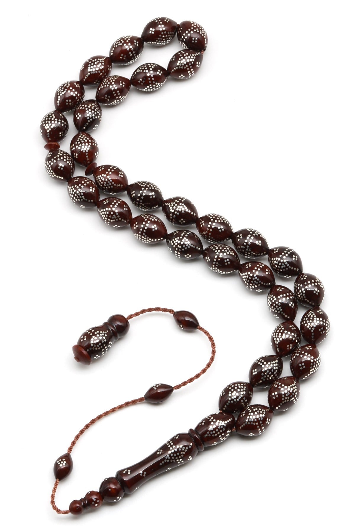 925 Ayar Gümüş İşlemeli Kuka Ağacı Tesbih 9 x 12 mm Arpa Kesim - T-1871