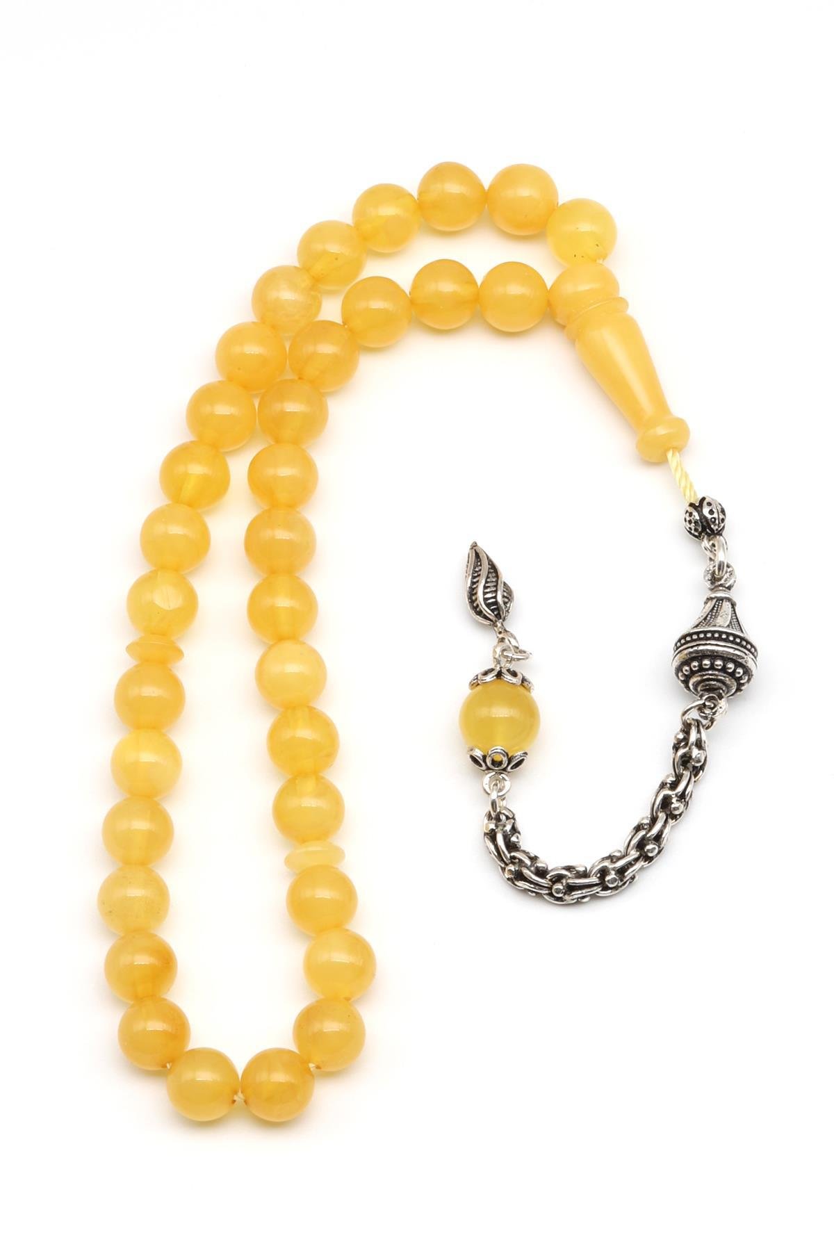 925 Ayar Gümüş Püsküllü 7 mm Damla Kehribar Küre Kesim Tesbih