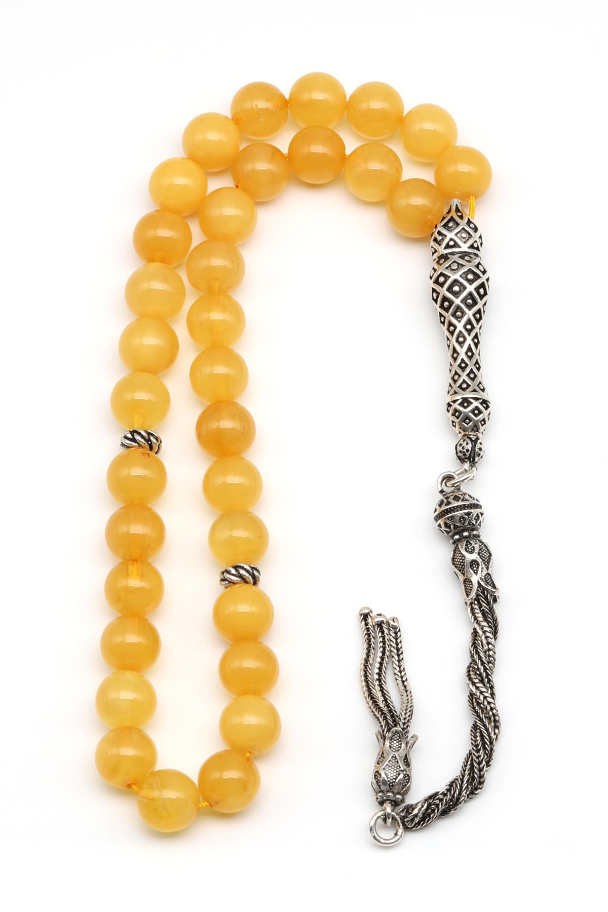 925 Ayar Gümüş Püsküllü 8 mm Damla Kehribar Küre Kesim Tesbih