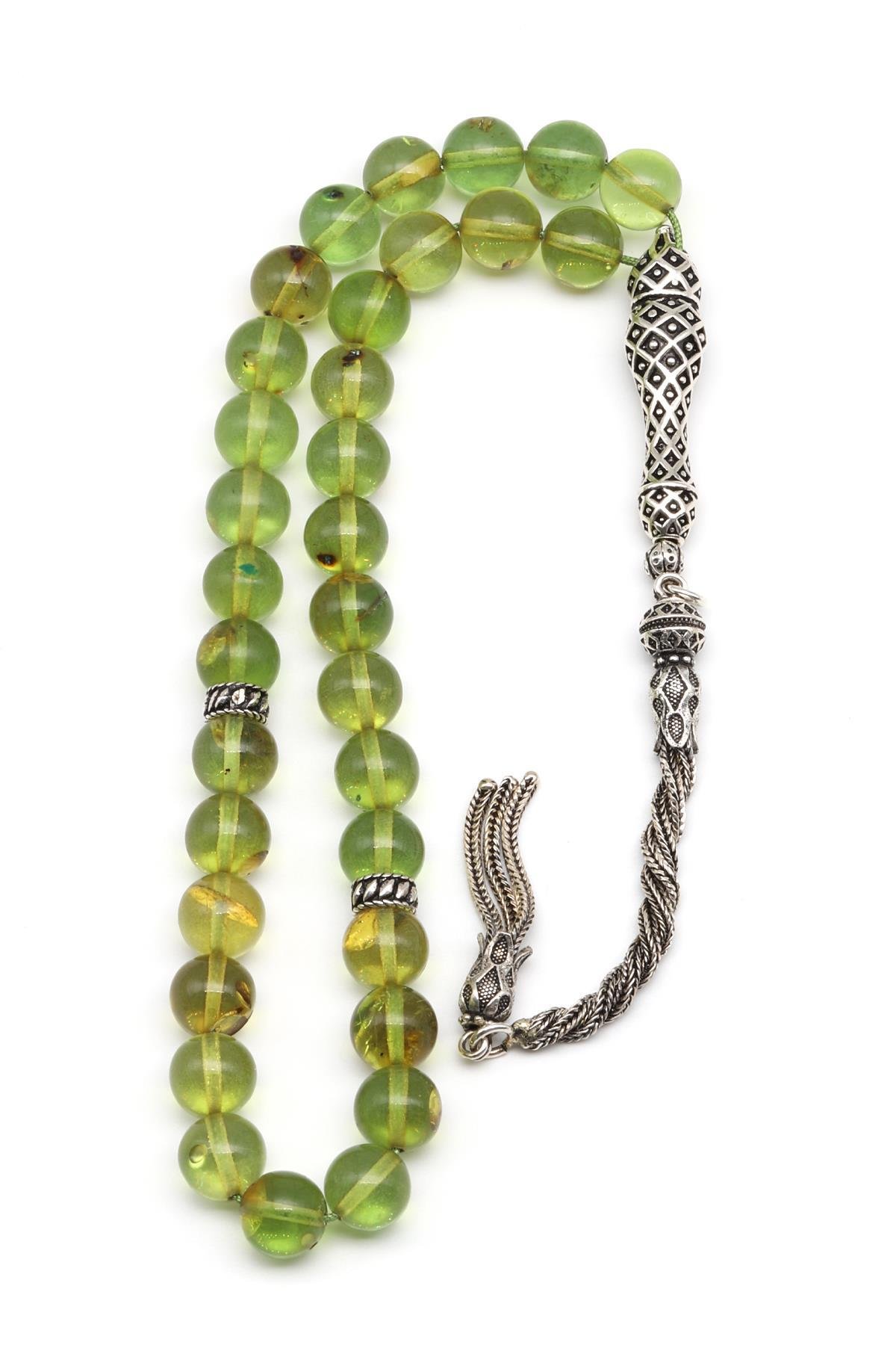 925 Ayar Gümüş Püsküllü 9 mm Damla Kehribar Küre Kesim Tesbih