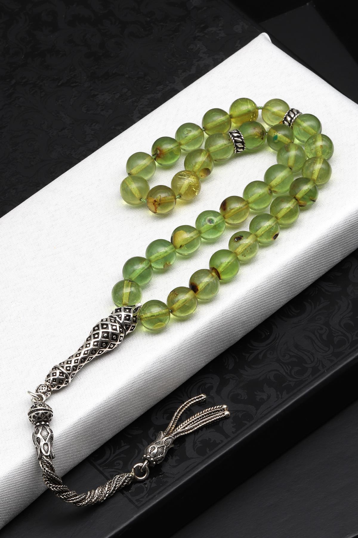 925 Ayar Gümüş Püsküllü 9 mm Damla Kehribar Küre Kesim Tesbih