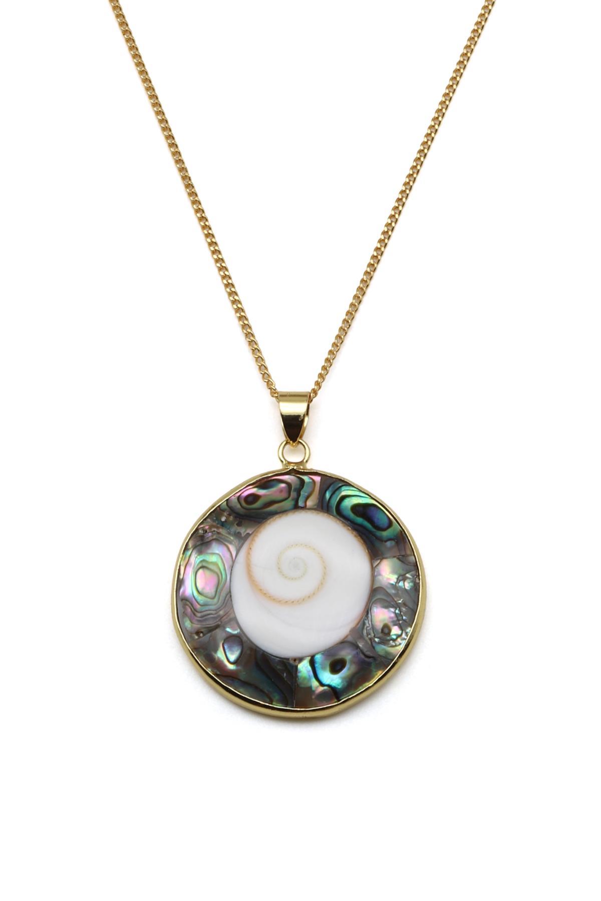 Abalon Sedef - Yılancık Doğal Taş Gold Renk Kolye - KLY-1629