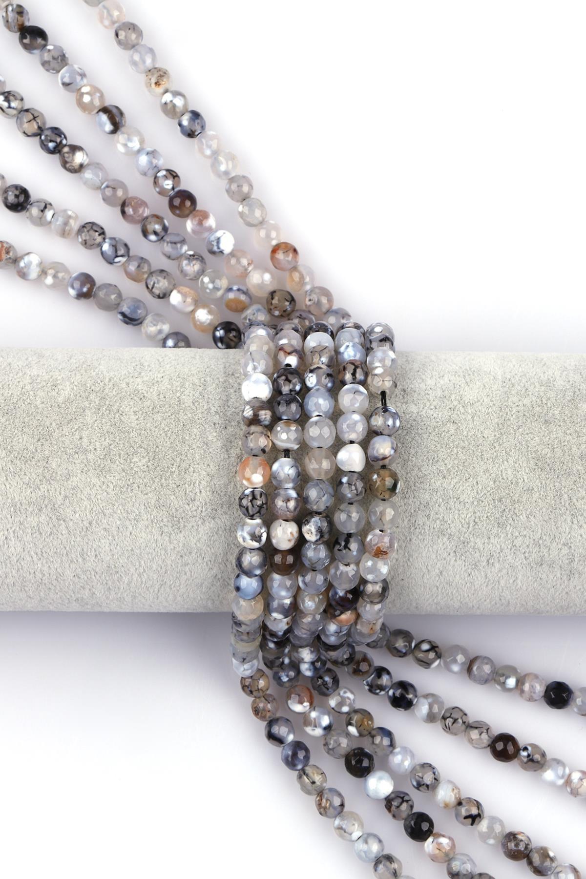 Açık Gri Akik Doğal Taş Dizi 6 mm Fasetli Küre Kesim