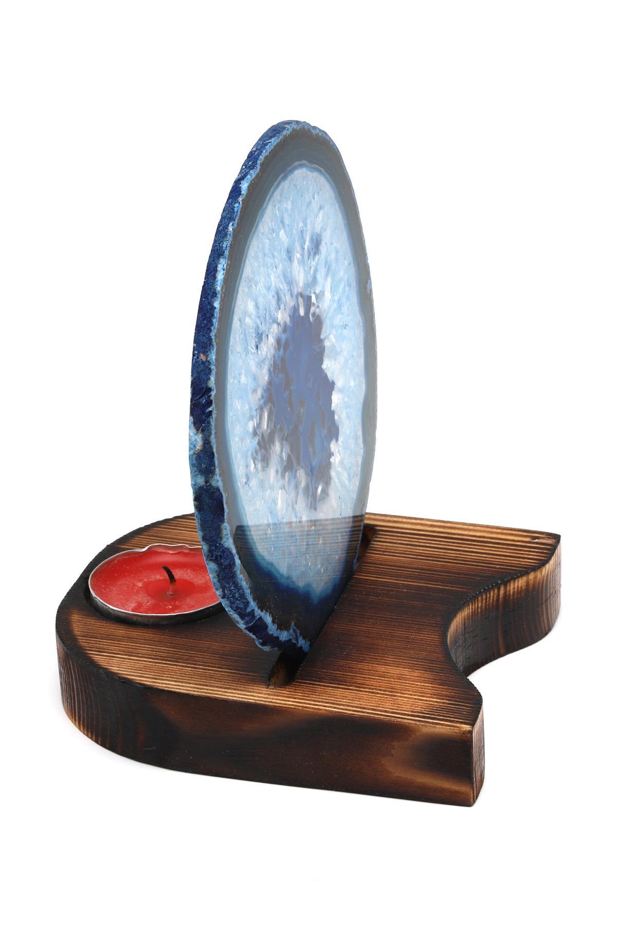 Ahşap Standlı Mumlu Mavi Akik Plaka