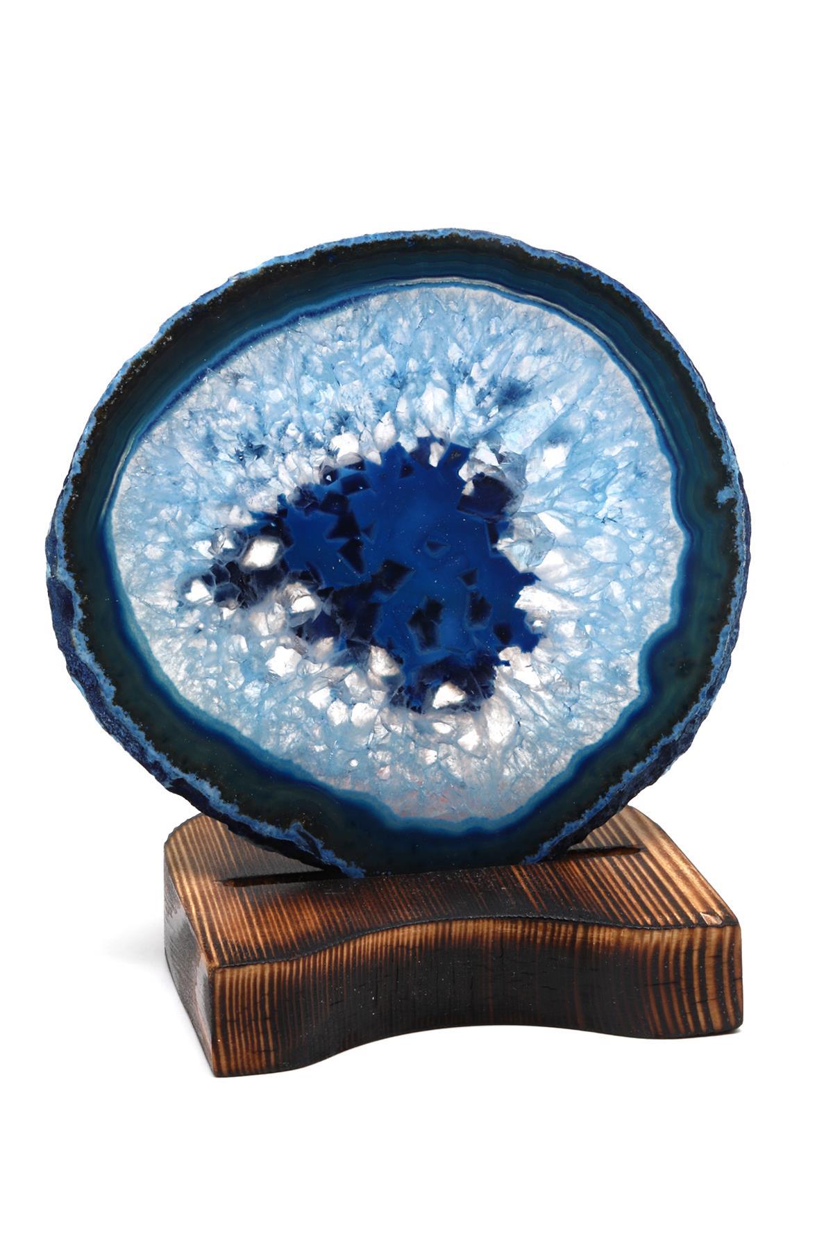 Ahşap Standlı Mumlu Mavi Akik Plaka