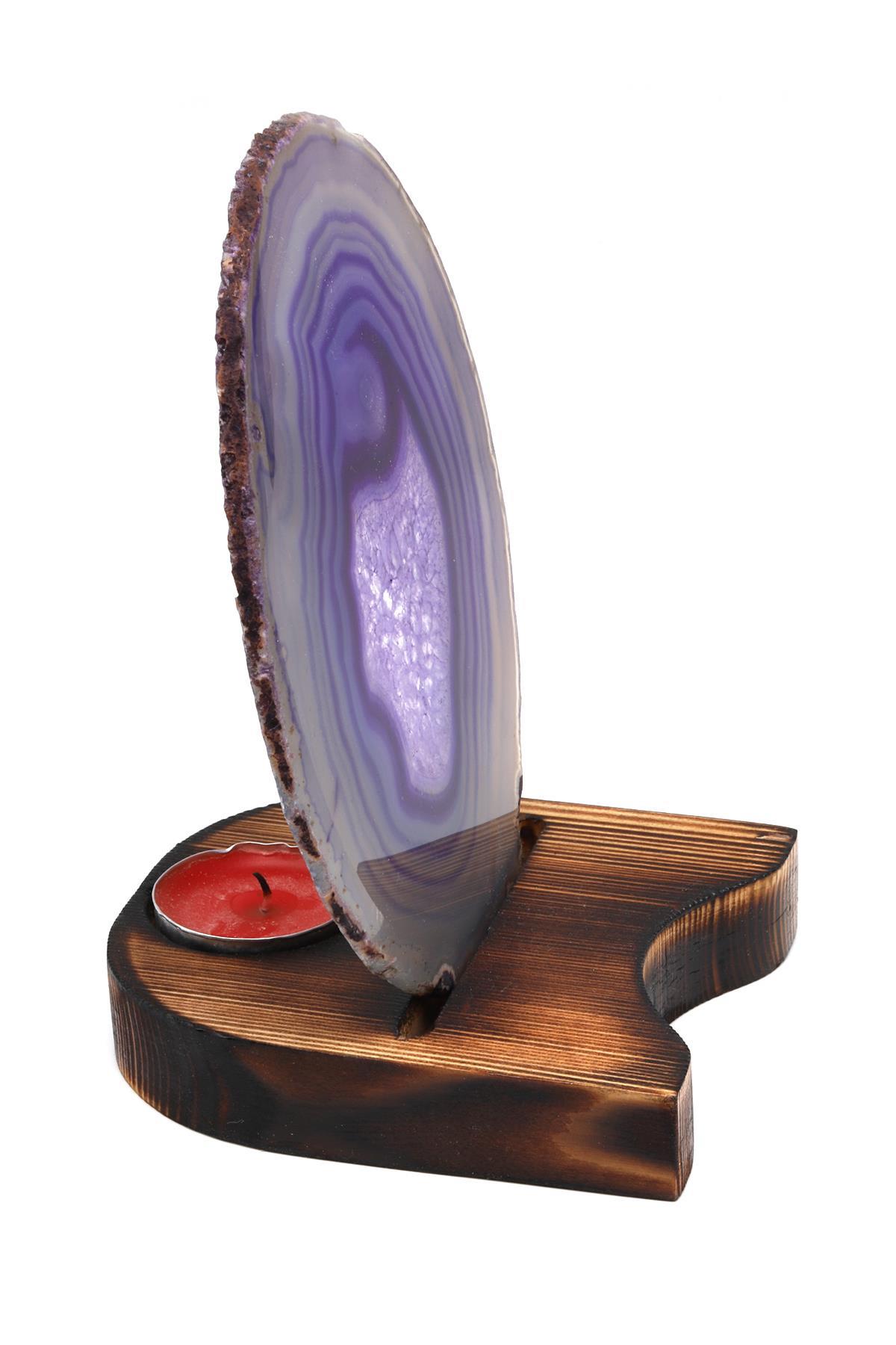 Ahşap Standlı Mumlu Mor Akik Plaka