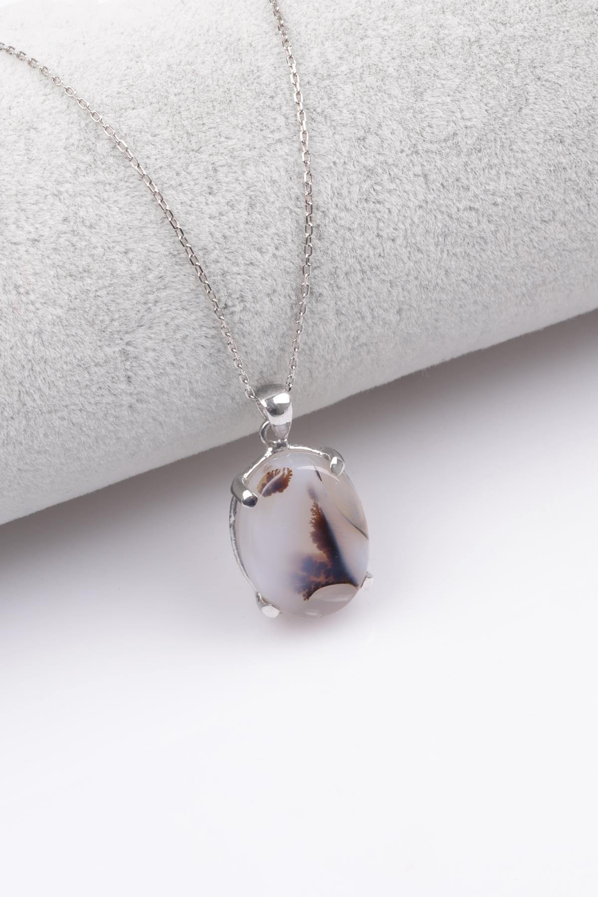 Akik Doğal Taş 925 Ayar Gümüş Kolye