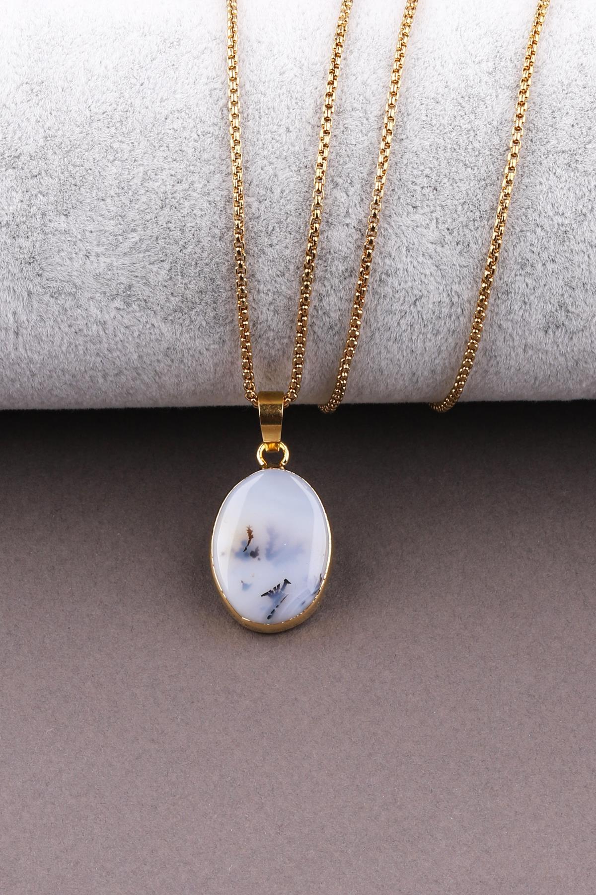 Akik Doğal Taş Çelik Zincirli Kolye