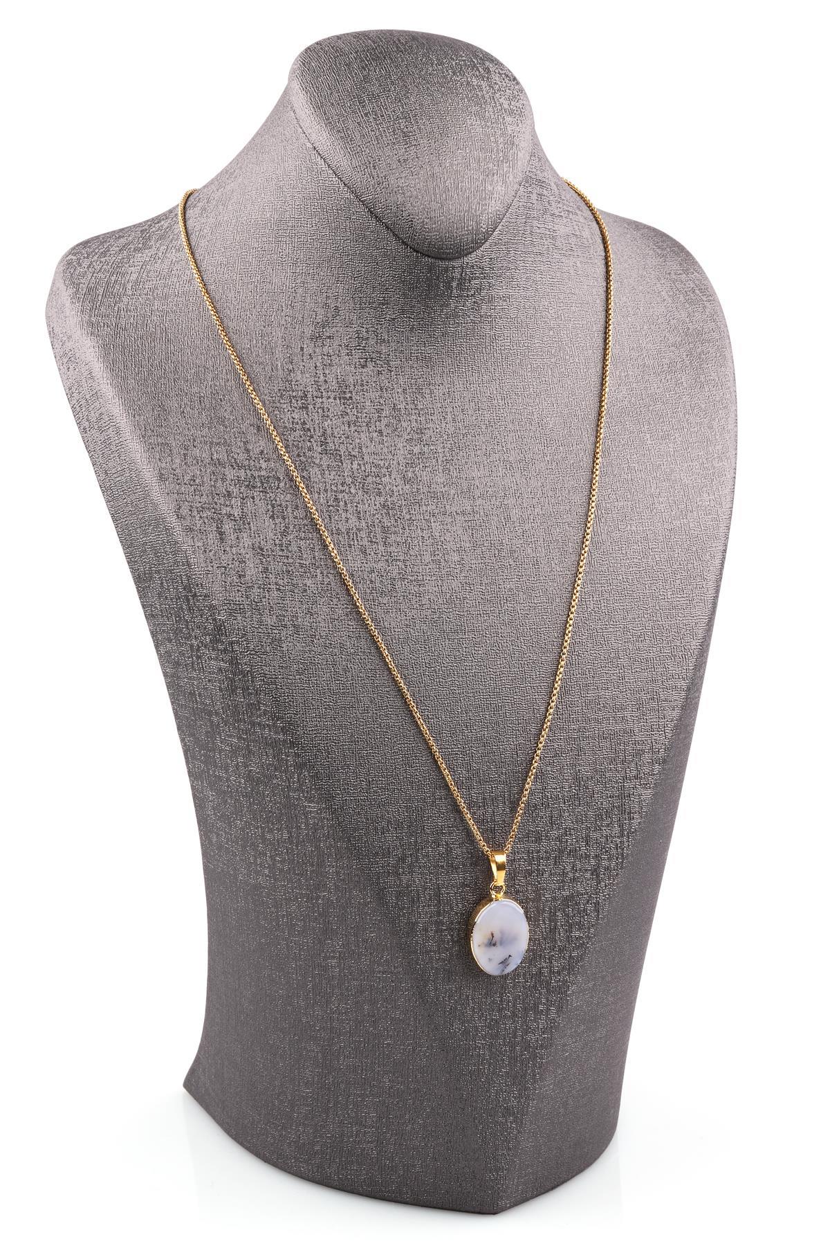 Akik Doğal Taş Çelik Zincirli Kolye